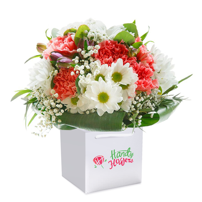 Artfully designed for warmth and sophistication, this vibrant bouquet showcases Harold Wood's distinctive floral tradition in a simple white gift bag. Each carnation-ranging from gentle coral and peach to lively red-has been carefully selected for its sculptural, frilly petals, giving the bouquet a sense of movement and elegance. Bright white daisies emerge between these lush blooms, their sunflower-like centers glowing with a lime-fresh yellow-green hue that adds a cheerful, almost playful contrast. Wispy stems of white baby's breath float through the flowers, imparting softness and refinement much like the delicate wildflowers found along the edges of Harold Wood's fields. A handful of pale purple, not-yet-open buds nestle subtly on the left, hinting at tomorrow's promise and lending further depth to the arrangement. The structure of the bouquet is defined by glossy, deep green foliage-broad leaves fanning outward to create a refined collar that secures and accentuates the flowers' natural grace. The entire arrangement rests inside a crisp, modern white bag with strong ribbon handles, ready to be carried along Station Road or delivered to brighten a doorstep. Shot against a pure white backdrop, every leaf, petal, and bloom is sharply illuminated, emphasizing the bouquet's freshness and vibrant hues. This design is the embodiment of a heartfelt gesture-offering a taste of Harold Wood's local floral artistry for birthdays, anniversaries, or thoughtful gifts delivered by caring hands.
