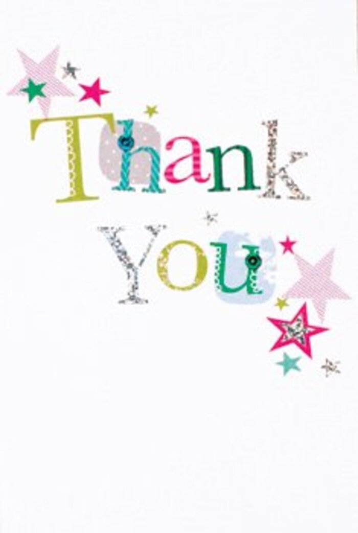 The design of this thank you card exudes an understated yet exuberant grace, a quality often appreciated by Harold Wood locals seeking thoughtful ways to express gratitude. Every letter of 'Thank You' has its own lively spirit-some adorned with cheerful spots and bright polka dots, others shaped with flowing curves or subtle stitched accents, painted in glowing shades of soft green, rich fuchsia, and serene blue. Sparkling silver plays across several letters, while clusters of vibrant stars-striped pinks, deep turquoise, glittering silver-seem to dance around the message, just as the gentle breeze stirs the trees by Harold Wood Station on a sunny day. The overall palette sits atop an immaculate white field, evoking a sense of space and freshness, letting each joyful element stand out. There's a quiet sophistication to the layout: never too ornate, yet always engaging, making the card as versatile as the flowers delivered throughout Harold Wood for every imaginable occasion. Whether accompanying a sunlit bouquet meant to inspire gratitude or simply nestled among your gifts, this card radiates a mood that's as uplifting as spring blossoms in Pages Wood, and as memorable as a heartfelt thank you shared by friends.