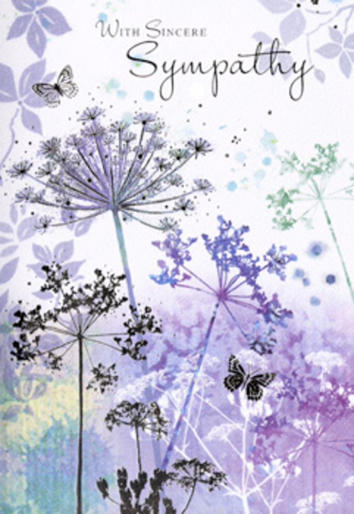 The design of this sympathy card evokes the peaceful hush of a quiet field on the edge of Harold Wood, just as the evening light begins to fade. Tall, spindly wildflowers, their forms echoing graceful umbelliferous blooms, arch and weave together in fine, filigree silhouettes. Each stem is drawn in soft lines of violet, powder blue, and muted sage, rising from a base where the colours dissolve into a gentle watercolour mist. Behind them, the background melts into layered washes of cool lavender, blue-grey, and faint silvery green, like distant hedgerows seen through a light veil of fog near Harold Court Woods. Two butterflies hover above the delicate petals, their pale wings only partially defined, as though caught mid-flight in a breath of air. There is no hard contrast here, only feathered edges and diffused light that creates a meditative calm, echoing the quiet moments families often seek after a service at a nearby chapel. The intricate detail of each bloom suggests the quiet endurance of nature, a reminder that life continues in subtle ways even after deep loss. As someone who arranges sympathy flowers for local homes and memorials, I see in this artwork the same intention we bring to a carefully composed condolence bouquet: respect, gentleness, and emotional honesty. The card becomes more than an image; it is an invitation to pause, breathe, and remember, offering a soft yet steady presence for anyone in Harold Wood who needs to feel that their grief is seen and tenderly acknowledged.