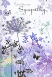 This sympathy card reads like a quiet, visual poem, the kind that might come to mind while standing in a still corner of Harold Wood Park at dusk. Airy silhouettes of wildflowers, their umbels fine and lacy, reach upward in slender arcs, rendered in layered tones of lavender, deep indigo, and soft blue that drift into silver-tinged green. Each stem is so delicately drawn that it appears to sway, hinting at a breeze that you can almost feel on your skin. Across the background, faint impressions of petals and foliage float in a dreamy wash of watercolour, blurring from cool purple into misty blue-grey, with no sharp boundaries, just a continuous, calming flow of colour. Here and there, butterflies hover close to the blooms, their wings traced with the lightest touch of pigment, suggesting transformation, gentle presence, and the quiet way memories linger in the familiar streets around Harold Wood. Near the upper part of the design, the words of sympathy are set in an elegant script, unobtrusive yet clear, like a softly spoken message shared at a neighbour's door along Gubbins Lane. The entire composition feels cool yet comforting, an embrace made of colour and line rather than hands. As a local florist, I recognise in this illustration the same understated grace we aim for in a condolence bouquet: nothing showy, only thoughtful, soothing details. This card offers a respectful, nature-inspired expression of sorrow and support, perfectly suited to accompany sympathy flowers delivered throughout Harold Wood and its surrounding community.