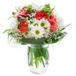 This bouquet embodies the cheerful freshness and elegant simplicity that Harold Wood residents treasure, its design reminiscent of a gentle spring sunrise over local parks. Fluffy coral-hued carnations form a joyful centerpiece, their ruffled petals moving as if caressed by the Oak Road breeze. Surrounding them, crisp white daisies with vivid green yolk-like centres add bursts of youthful optimism, reflecting the simple beauty found along the High Street's gardens. Wispy clouds of baby's breath intertwine through each layer, bestowing a soft, airy silhouette to the arrangement. Deep green foliage - both lustrous and matte - cradle the blooms, their wide leaves and slender spikes echoing the variety of Harold Wood's plant life. Closed magenta alstroemeria buds peek out discreetly, a subtle preview of vibrant days ahead. Resting in a clear glass vase brimming with clean water, the bouquet's healthy green stems stay fully visible and fresh, as if just delivered from a trusted Harold Wood florist. Bathed in pure white light, the entire display appears radiant and welcoming, its lively colours and delicate scent inviting comfort, gratitude, and optimism into any home. Whether for birthdays, thank-yous, or simply brightening a friend's day, this arrangement brings a touch of local charm and uplifting spirit into every room.